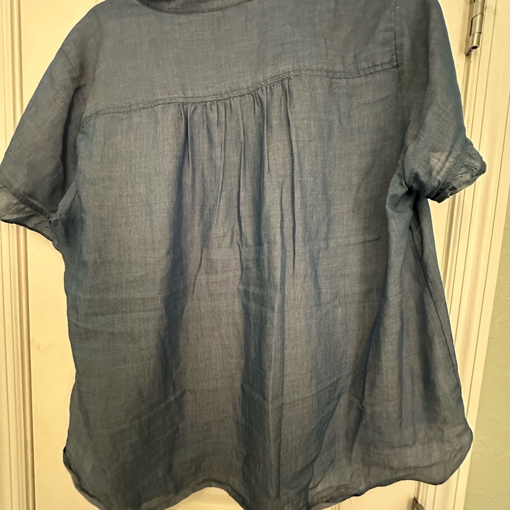 LOFT Denim Blue Ruffle Button Blouse - Picture 2 of 8